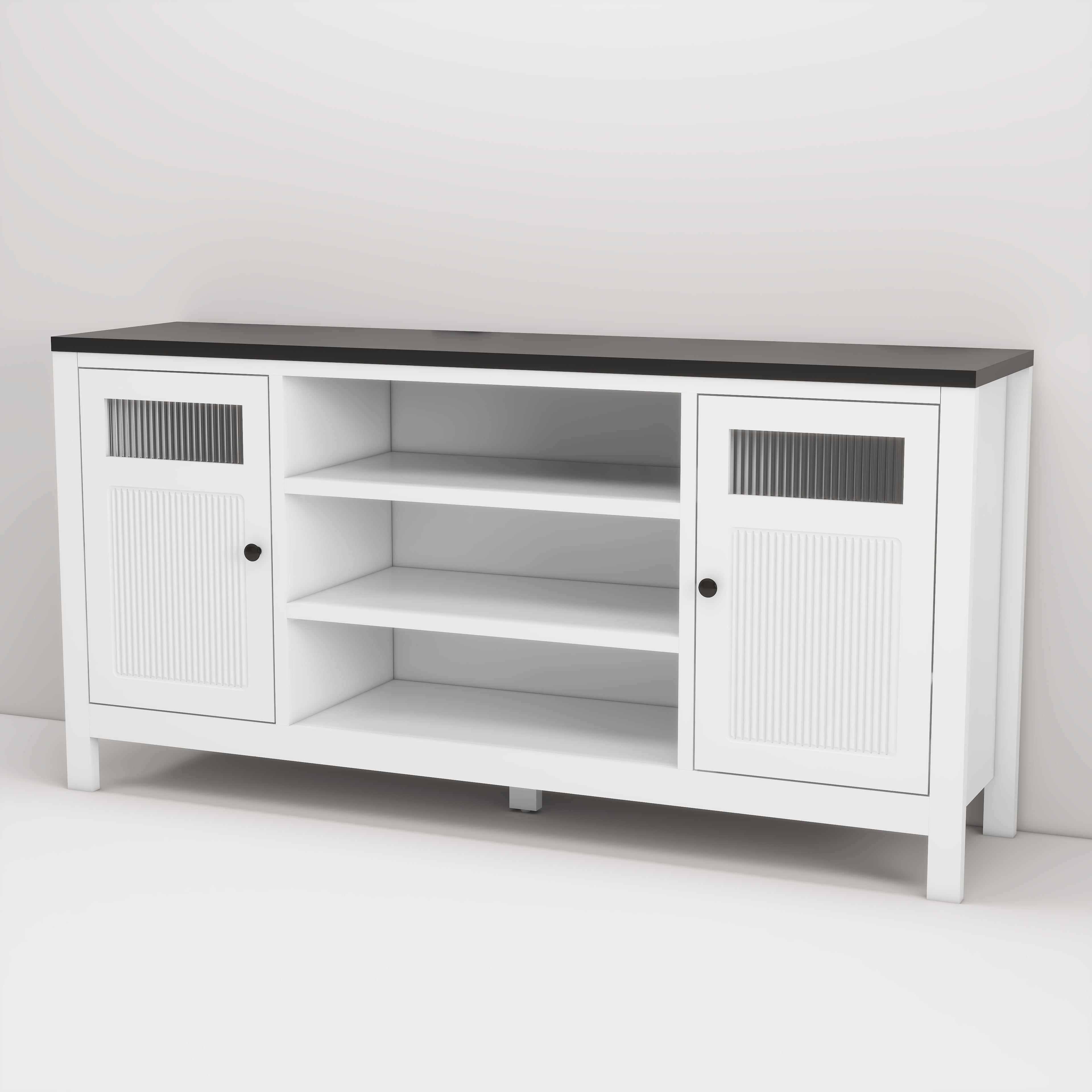 Twin Fins Modern White TV Stand for TVs Up to 70" Storage Cabinets, and Open Shelve