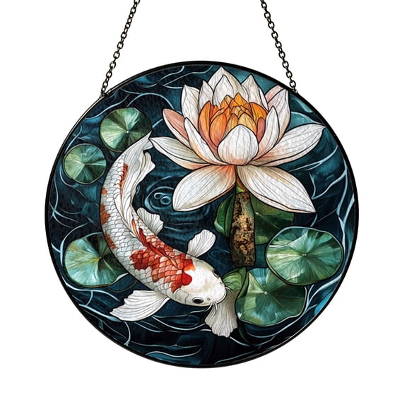 Twin Fish Circular Suncatcher Ornament, Stained Glass Style Decorative Window Hanging Decor Accent for Pond Inspired Home Gift