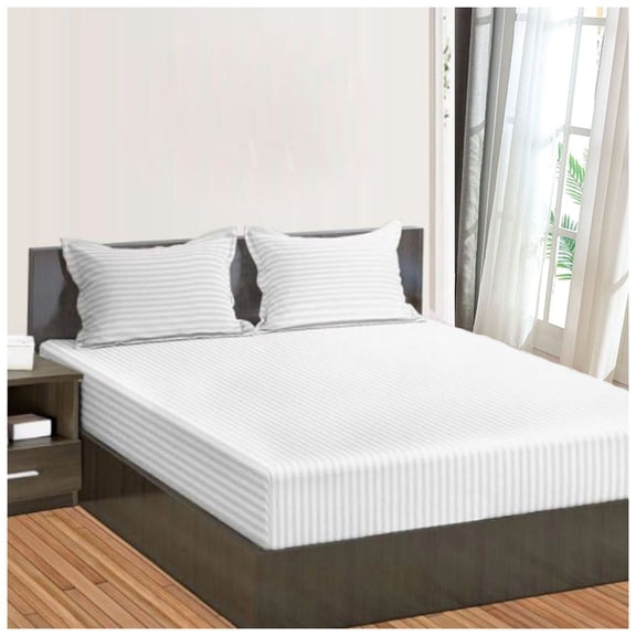 Twin Fitted Sheet Only, Softest 400 Thread Count 100% Cotton Sateen, 8" Deep Pocket, All-Around Elastic, White Stripe