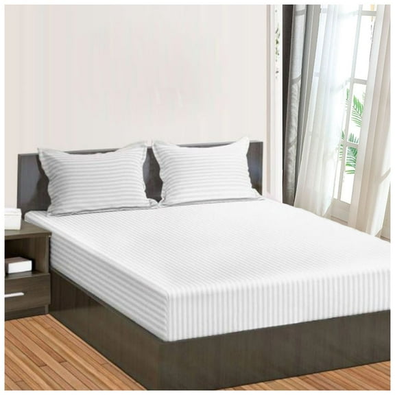 Twin Fitted Sheet Only, Softest 400 Thread Count 100% Cotton Sateen, Deep Pocket, All-Around Elastic Fits Upto 10" Deep Pocket, White Stripe