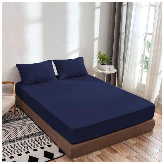 Twin Fitted Sheet Only, Softest 400 Thread Count 100% Cotton Sateen, Fits Upto 8" Deep Pocket, All-Around Elastic, Navy