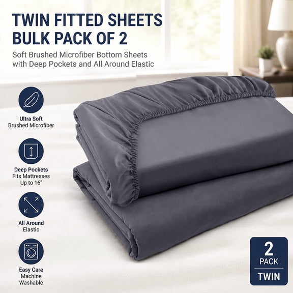 Twin Fitted Sheets Bulk Pack of 2 - Soft Brushed Microfiber with Deep Pockets - Shrink & Fade Resistant, Easy Care, Grey