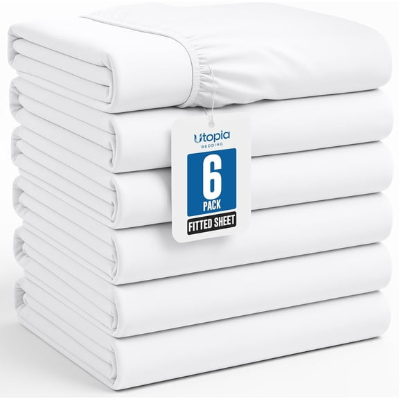 Twin Fitted Sheets - Bulk Pack of 6 Bottom Sheets - Soft Brushed Microfiber - Deep Pockets - Shrinkage & Fade Resistant - Easy Care (White)