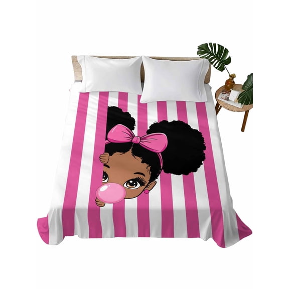 Twin Flat Sheet 66"x96", African Girl Soft Lightweight Bedding Flat Sheets Only, Afro American Black Girl with Bubble Pink Stripes Brushed Microfiber Top Bed Sheet, Breathable Bedsheets