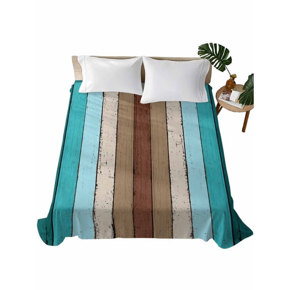 Twin Flat Sheet 66"x96", Aqua Teal Soft Lightweight Bedding Flat Sheets Only, Farmhouse Wood Grain Vintage Brown Striped Brushed Microfiber Top Bed Sheet, Breathable StainResistant Bedsheets