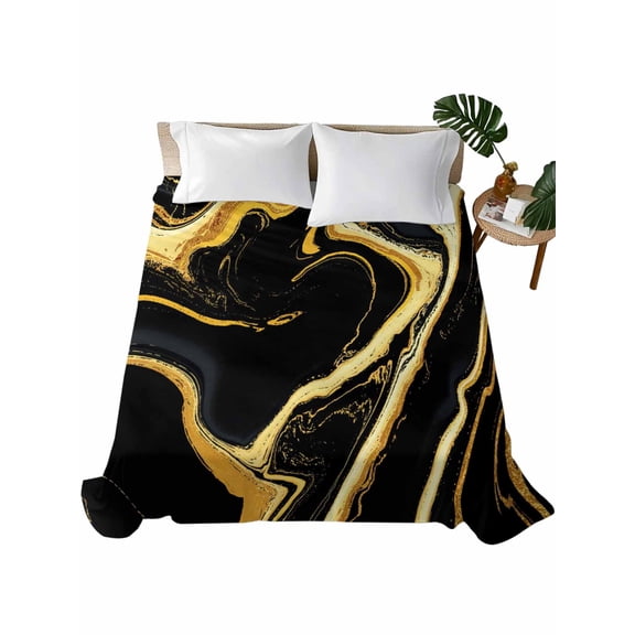 Twin Flat Sheet 66"x96", Black Gold Marble Soft Lightweight Bedding Flat Sheets Only, Modern Geometric Textured Brushed Microfiber Top Bed Sheet, Breathable StainResistant Bedsheets