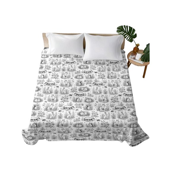 Twin Flat Sheet 66"x96", Black Grey Woodland Soft Lightweight Bedding Flat Sheets Only, Nature Botanical Fox Bunny Squirrel Brushed Microfiber Top Bed Sheet, Breathable StainResistant Bedsheets