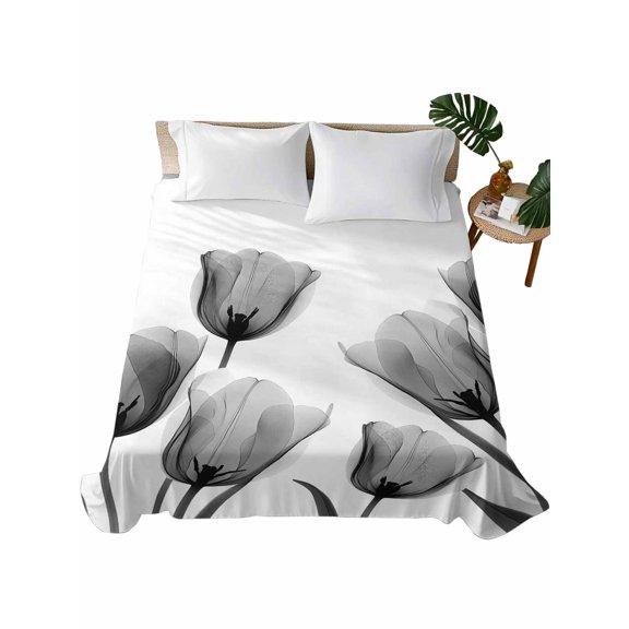 Twin Flat Sheet 66"x96", Black White Tulip Soft Lightweight Bedding Flat Sheets Only, Spring Greyscale Leaf Flower Plant Brushed Microfiber Top Bed Sheet, Breathable StainResistant Bedsheets
