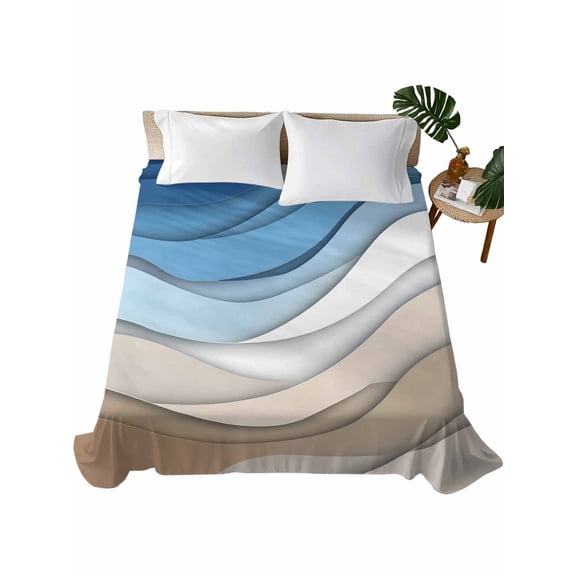 Twin Flat Sheet 66"x96", Blue Brown Soft Lightweight Bedding Flat Sheets Only, Gradient Geometric White Water Stripes Modern Brushed Microfiber Top Bed Sheet, Breathable StainResistant Bedsheets