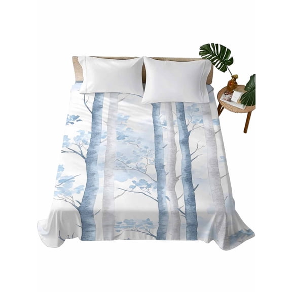 Twin Flat Sheet 66"x96", Blue Grey Branches Soft Lightweight Bedding Flat Sheets Only, Vintage Blue Forest Gray Brushed Microfiber Top Bed Sheet, Breathable StainResistant Bedsheets