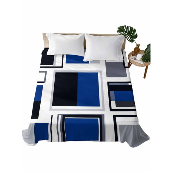 Twin Flat Sheet 66"x96", Blue Grey Geometric Soft Lightweight Bedding Flat Sheets Only, Abstract Art Irregular Contemporary Brushed Microfiber Top Bed Sheet, Breathable StainResistant Bedsheets