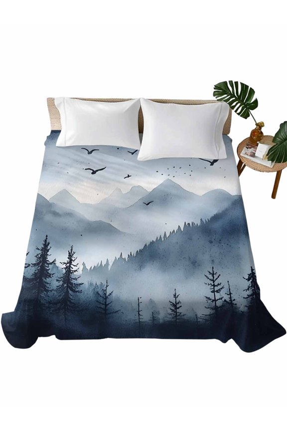Twin Flat Sheet 66"x96", Blue Mountain Peak Soft Lightweight Bedding Flat Sheets Only, Forest Tree Bird Fog Landscape Brushed Microfiber Top Bed Sheet, Breathable StainResistant Bedsheets