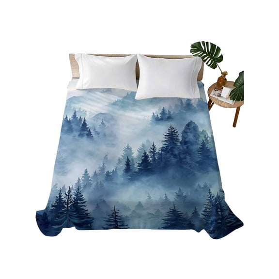 Twin Flat Sheet 66"x96", Blue Mountain Soft Lightweight Bedding Flat Sheets Only, Misty Forest Nature Woodland Pine Tree Landscape Brushed Microfiber Top Bed Sheet, Breathable Bedsheets