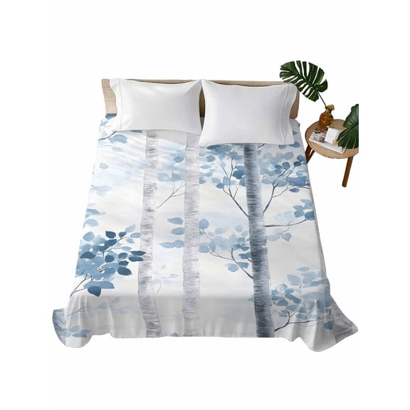 Twin Flat Sheet 66"x96", Blue Ombre Leaves Soft Lightweight Bedding Flat Sheets Only, Gray Branches Forest Brushed Microfiber Top Bed Sheet, Breathable StainResistant Bedsheets