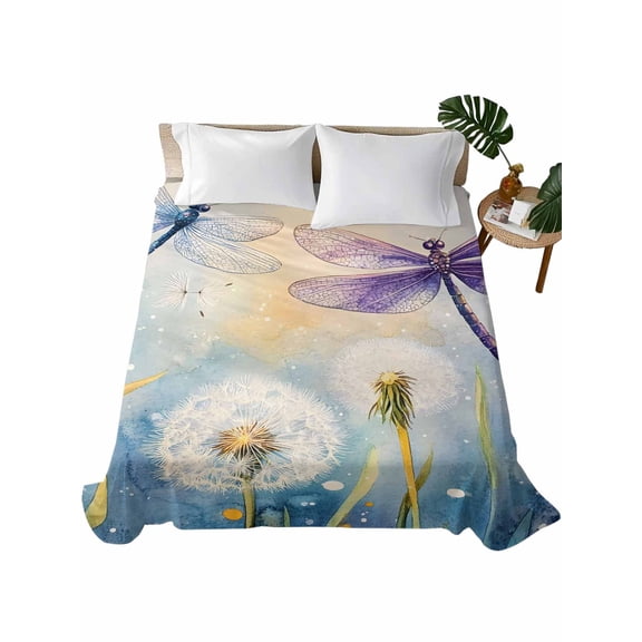 Twin Flat Sheet 66"x96", Blue Purple Dragonfly Soft Lightweight Bedding Flat Sheets Only, Spring Floral Watercolor Brushed Microfiber Top Bed Sheet, Breathable StainResistant Bedsheets