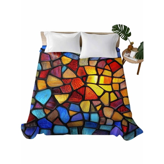 Twin Flat Sheet 66"x96", Blue Red Yellow Soft Lightweight Bedding Flat Sheets Only, Modern Colored Rainbow Stained Glass Brushed Microfiber Top Bed Sheet, Breathable StainResistant Bedsheets