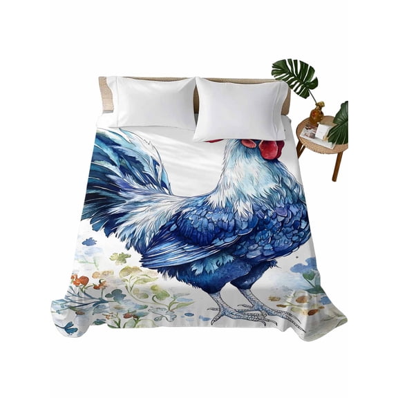 Twin Flat Sheet 66"x96", Blue Vintage Rooster Soft Lightweight Bedding Flat Sheets Only, Spring Floral Elegant Animals Brushed Microfiber Top Bed Sheet, Breathable StainResistant Bedsheets