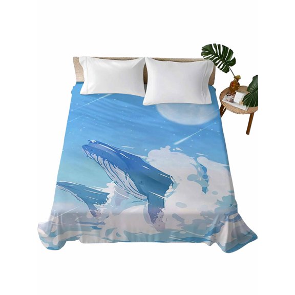 Twin Flat Sheet 66"x96", Blue Whale Soft Lightweight Bedding Flat Sheets Only, Blue Sky Clouds Natural Landscape Brushed Microfiber Top Bed Sheet, Breathable StainResistant Bedsheets