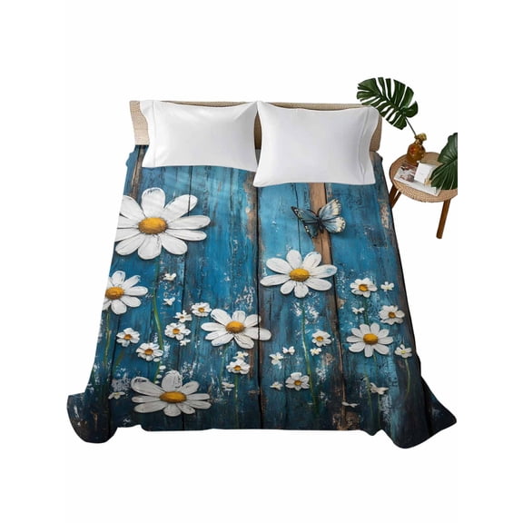 Twin Flat Sheet 66"x96", Blue Wooden Daisy Soft Lightweight Bedding Flat Sheets Only, Vintage Farmhouse Butterfly Flowers Brushed Microfiber Top Bed Sheet, Breathable StainResistant Bedsheets