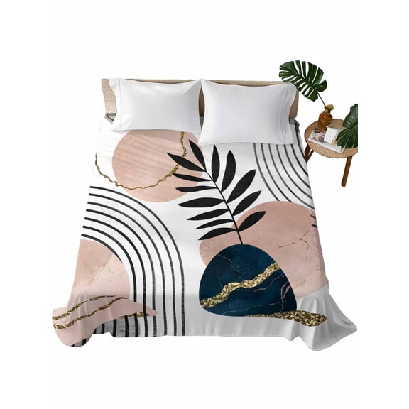 Twin Flat Sheet 66"x96", Boho Navy Soft Lightweight Bedding Flat Sheets Only, Blue Gold Bohemian Tropical Palm Tree Leaf Brushed Microfiber Top Bed Sheet, Breathable StainResistant Bedsheets