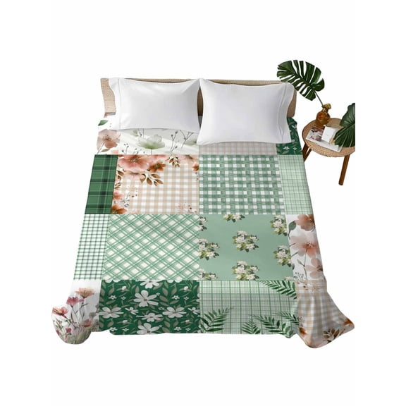 Twin Flat Sheet 66"x96", Boho Spring Floral Soft Lightweight Bedding Flat Sheets Only, Retro Flowers Plants Patchwork Grid Green Brushed Microfiber Top Bed Sheet, Breathable StainResistant Bedsheets