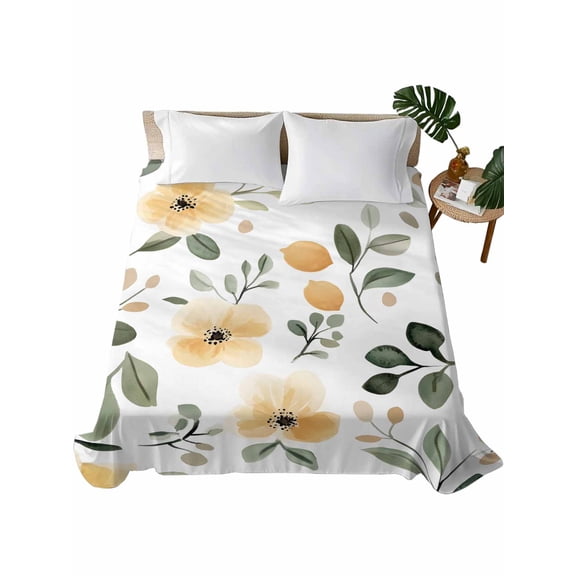 Twin Flat Sheet 66"x96", Botanical Soft Lightweight Bedding Flat Sheets Only, Flower Floral Vintage Wildflower Garden Motifs Brushed Microfiber Top Bed Sheet, Breathable StainResistant Bedsheets