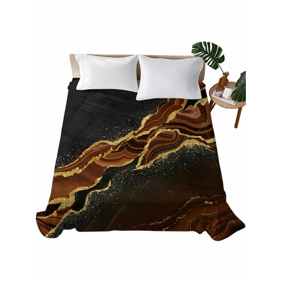 Twin Flat Sheet 66"x96", Brown Marble Soft Lightweight Bedding Flat Sheets Only, Gold Abstract Vintage Modern Ombre Art Brushed Microfiber Top Bed Sheet, Breathable StainResistant Bedsheets