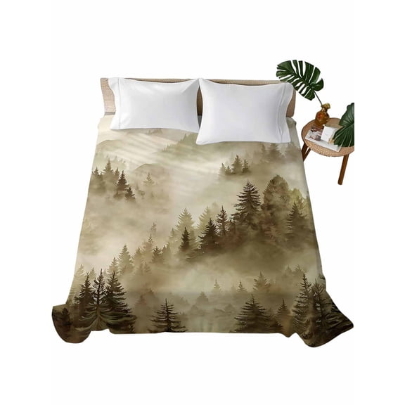 Twin Flat Sheet 66"x96", Brown Mountain Soft Lightweight Bedding Flat Sheets Only, Misty Forest Nature Woodland Pine Tree Landscape Brushed Microfiber Top Bed Sheet, Breathable Bedsheets