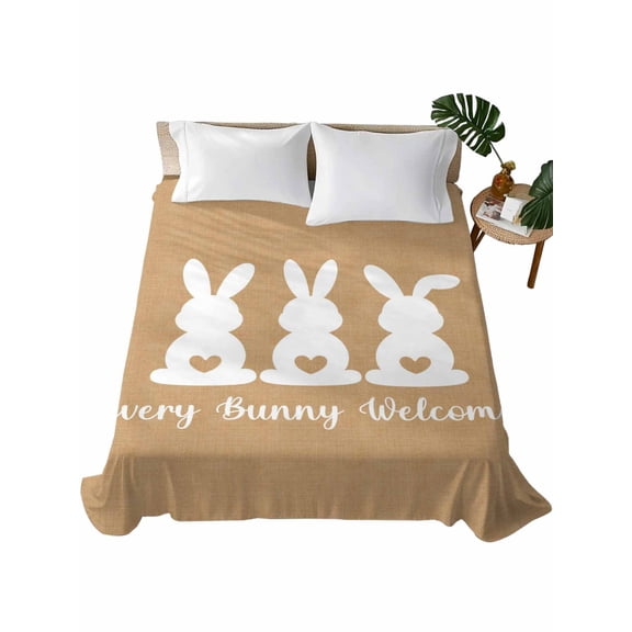 Twin Flat Sheet 66"x96", Bunny Easter Soft Lightweight Bedding Flat Sheets Only, Spring Rabbits Rustic Retro Art Brushed Microfiber Top Bed Sheet, Breathable StainResistant Bedsheets