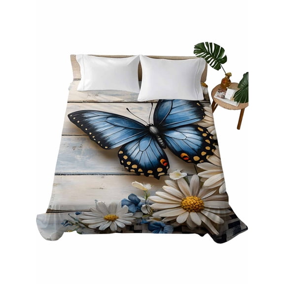 Twin Flat Sheet 66"x96", Butterfly Daisy Soft Lightweight Bedding Flat Sheets Only, Retro Spring Floral Flower Wooden Grain Brushed Microfiber Top Bed Sheet, Breathable StainResistant Bedsheets