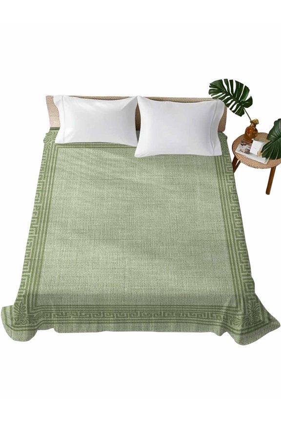 Twin Flat Sheet 66"x96", Cameo Green Retro Greek Key Soft Lightweight Bedding Flat Sheets Only, Geometric Greece Ancient Rustic Brushed Microfiber Top Bed Sheet, Breathable StainResistant Bedsheets