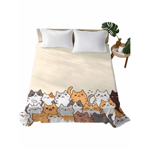 Twin Flat Sheet 66"x96", Cartoon Cat Soft Lightweight Bedding Flat Sheets Only, Modern Simple Funny Cute Animals Art Brushed Microfiber Top Bed Sheet, Breathable StainResistant Bedsheets