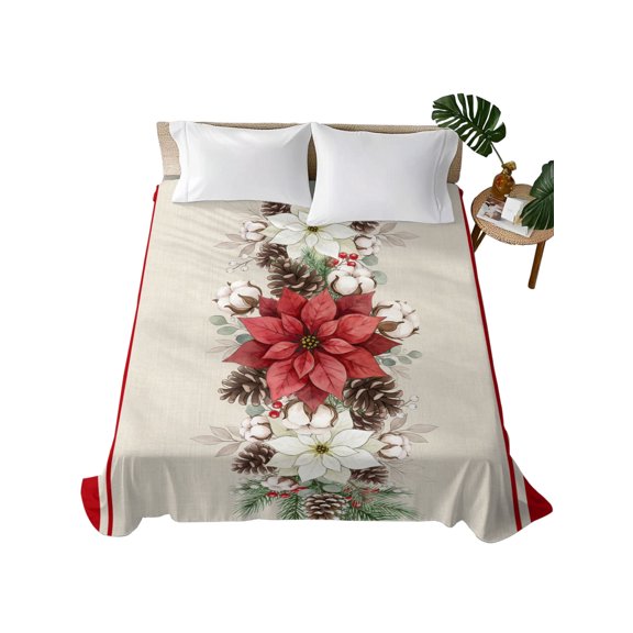 Twin Flat Sheet 66"x96", Christmas Poinsettia Soft Lightweight Bedding Flat Sheets Only, Farmhouse Winter Xmas Pine Cones Brushed Microfiber Top Bed Sheet, Breathable StainResistant Bedsheets
