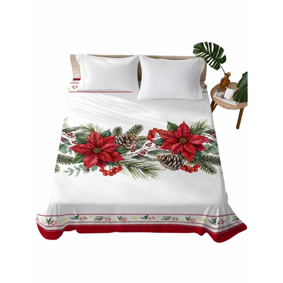 Twin Flat Sheet 66"x96", Christmas Poinsettia Soft Lightweight Bedding Flat Sheets Only, Pinecones Pine Needle Botanical Xmas Brushed Microfiber Top Bed Sheet, Breathable StainResistant Bedsheets