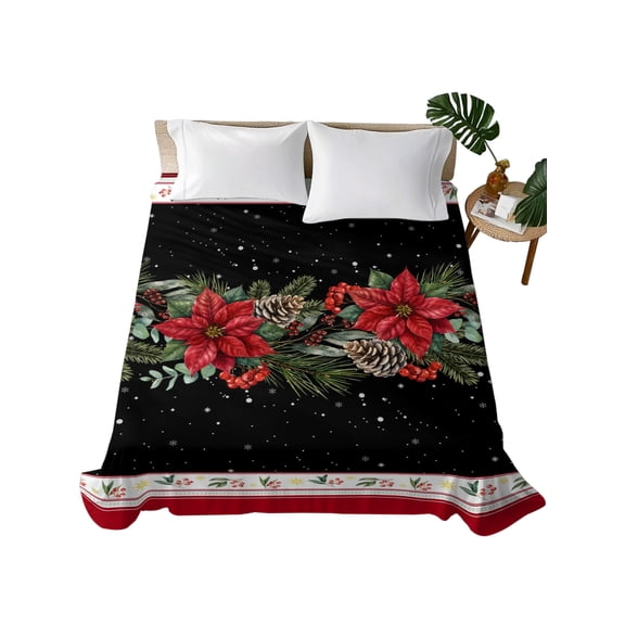 Twin Flat Sheet 66"x96", Christmas Poinsettia Soft Lightweight Bedding Flat Sheets Only, Xmas Botanical Pinecones Black Brushed Microfiber Top Bed Sheet, Breathable StainResistant Bedsheets