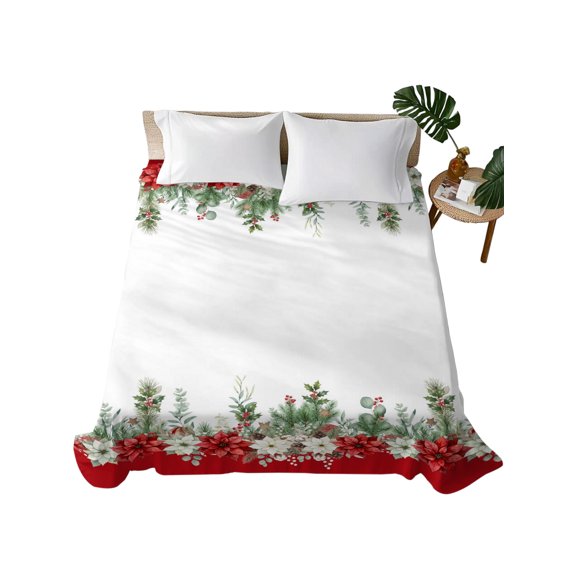 Twin Flat Sheet 66"x96", Christmas Poinsettia Soft Lightweight Bedding Flat Sheets Only, Xmas Flowers Pine Needles Leaves Rustic Brushed Microfiber Top Bed Sheet, Breathable StainResistant Bedsheets
