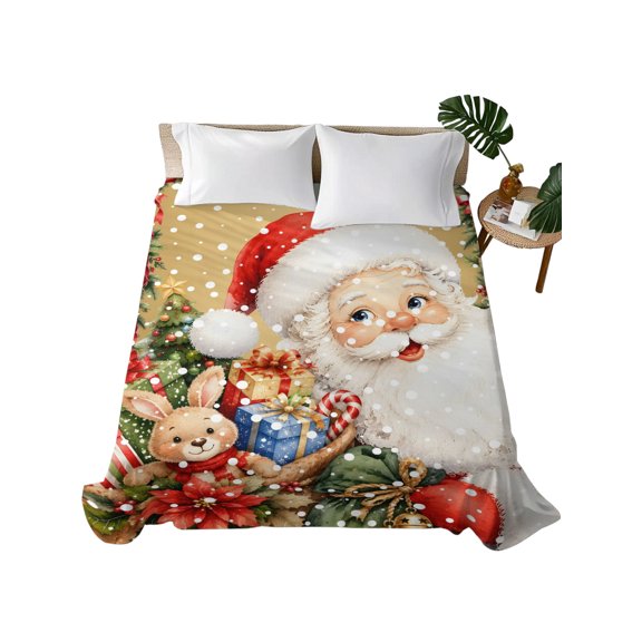 Twin Flat Sheet 66"x96", Christmas Santa Claus Soft Lightweight Bedding Flat Sheets Only, Xmas Gift Pine Needles Farmhouse Brown Brushed Microfiber Top Bed Sheet, Breathable StainResistant Bedsheets