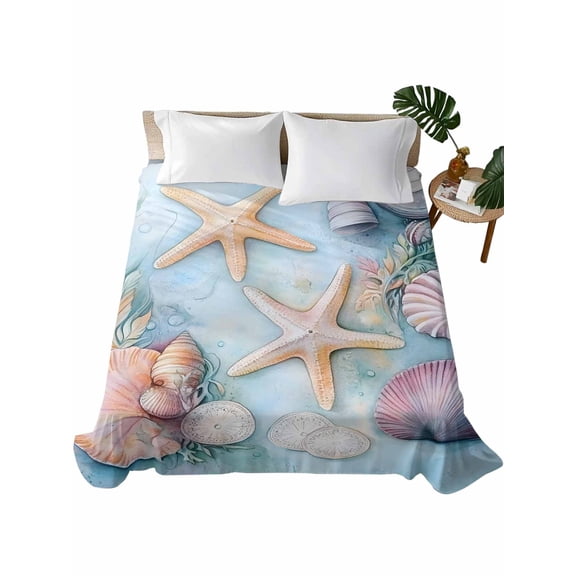Twin Flat Sheet 66"x96", Coastal Beach Soft Lightweight Bedding Flat Sheets Only, Summer Starfish Nautical Shell Ocean Brushed Microfiber Top Bed Sheet, Breathable StainResistant Bedsheets