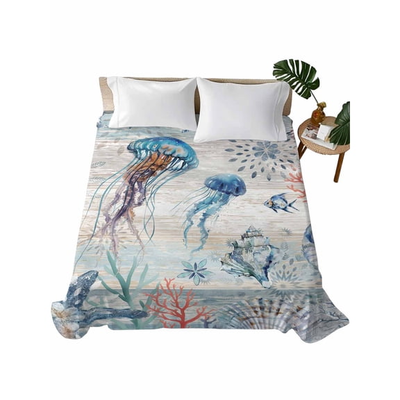 Twin Flat Sheet 66"x96", Coastal Jellyfish Soft Lightweight Bedding Flat Sheets Only, Blue Nautical Marine Life Conch Coral Brushed Microfiber Top Bed Sheet, Breathable StainResistant Bedsheets