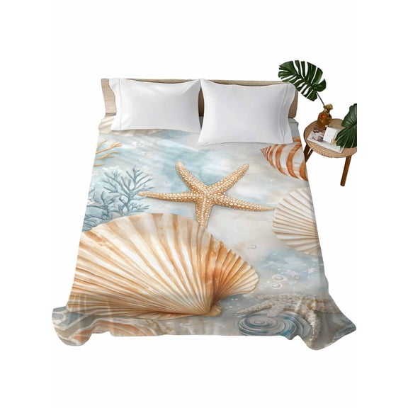 Twin Flat Sheet 66"x96", Coastal Soft Lightweight Bedding Flat Sheets Only, Nautical Beach Shell Starfish Coral Ocean Brushed Microfiber Top Bed Sheet, Breathable StainResistant Bedsheets