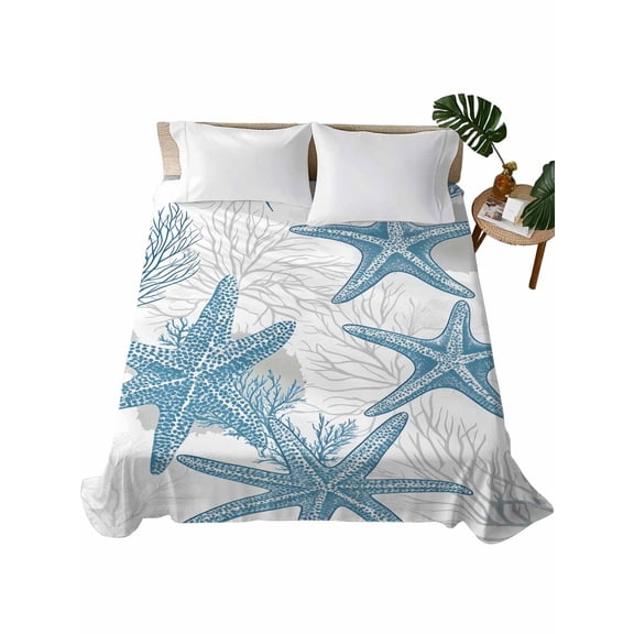 Twin Flat Sheet 66"x96", Coastal Starfish Soft Lightweight Bedding Flat Sheets Only, 0cean Nautical Coral Seagrass Nature Brushed Microfiber Top Bed Sheet, Breathable StainResistant Bedsheets