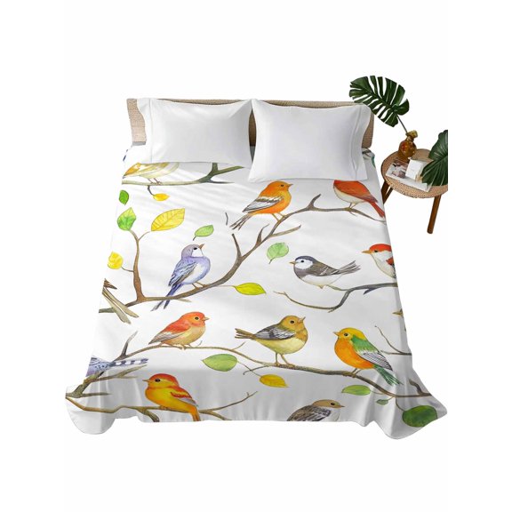 Twin Flat Sheet 66"x96", Colorful Birds Soft Lightweight Bedding Flat Sheets Only, Branch Animal Spring Branch Leaf Summer Brushed Microfiber Top Bed Sheet, Breathable StainResistant Bedsheets