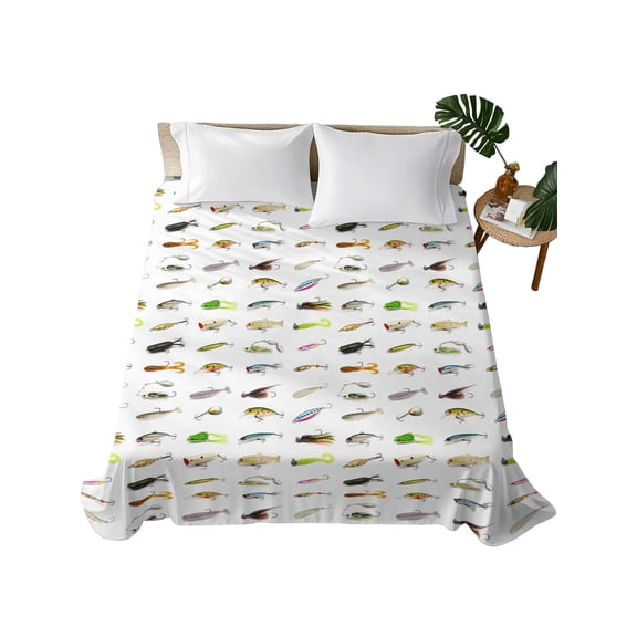 Twin Flat Sheet 66"x96", Colorful Fishing Bait Soft Lightweight Bedding Flat Sheets Only, Vintage Farmhouse Lure Fish Brushed Microfiber Top Bed Sheet, Breathable StainResistant Bedsheets