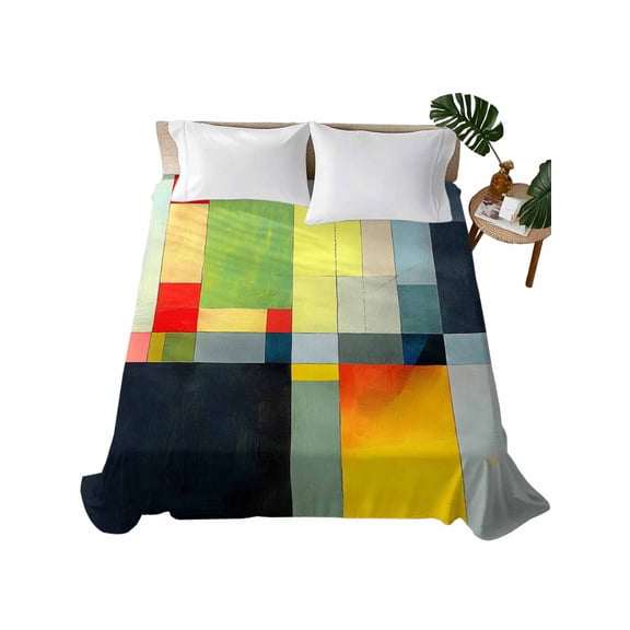 Twin Flat Sheet 66"x96", Colorful Geometric Soft Lightweight Bedding Flat Sheets Only, Color Block Abstract Contemporary Brushed Microfiber Top Bed Sheet, Breathable StainResistant Bedsheets