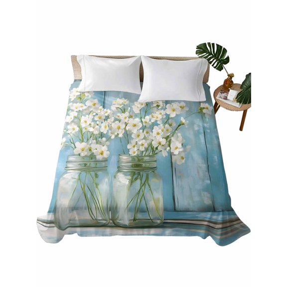 Twin Flat Sheet 66"x96", Daisies Flowers Soft Lightweight Bedding Flat Sheets Only, Potted Plant Vintage Blue Wood Grain Brushed Microfiber Top Bed Sheet, Breathable StainResistant Bedsheets