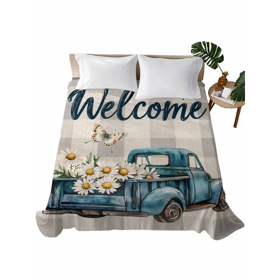 Twin Flat Sheet 66"x96", Daisy Butterfly Soft Lightweight Bedding Flat Sheets Only, Blue Floral Truck Pastoral Grey Check Brushed Microfiber Top Bed Sheet, Breathable StainResistant Bedsheets