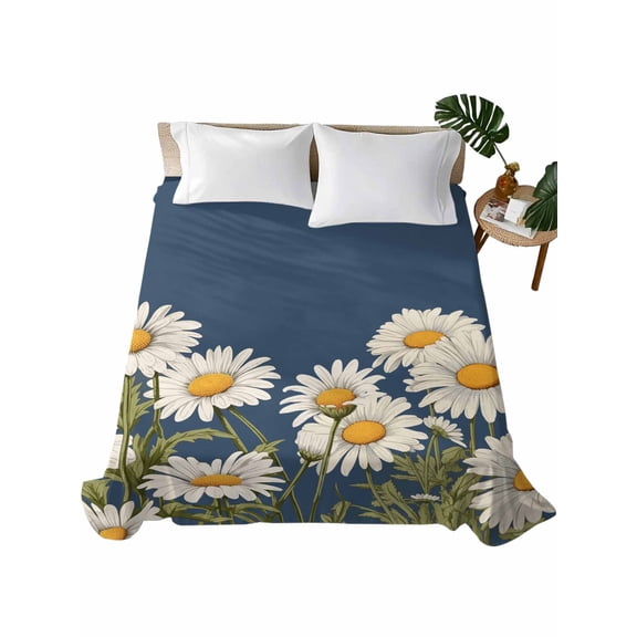 Twin Flat Sheet 66"x96", Daisy Soft Lightweight Bedding Flat Sheets Only, Spring Floral Summer Botanical Elegant Navy Blue Brushed Microfiber Top Bed Sheet, Breathable StainResistant Bedsheets