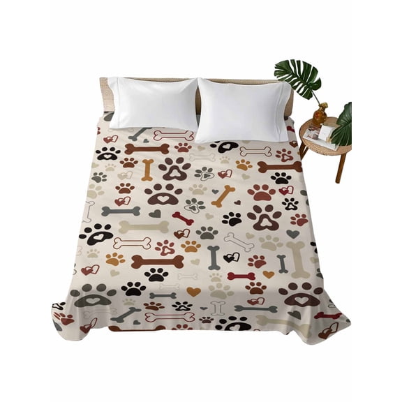 Twin Flat Sheet 66"x96", Dog Paw Soft Lightweight Bedding Flat Sheets Only, Vintage Farmhouse Dog Bones Love Heart Brushed Microfiber Top Bed Sheet, Breathable StainResistant Bedsheets