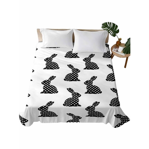 Twin Flat Sheet 66"x96", Easter Soft Lightweight Bedding Flat Sheets Only, Black Pots Bunny Rabbit Farmhouse Bunny Rabbit Brushed Microfiber Top Bed Sheet, Breathable StainResistant Bedsheets