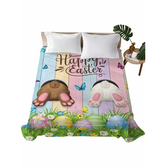 Twin Flat Sheet 66"x96", Easter Soft Lightweight Bedding Flat Sheets Only, Spring Easter Eggs Bunny Colorful Wooden Grain Brushed Microfiber Top Bed Sheet, Breathable StainResistant Bedsheets